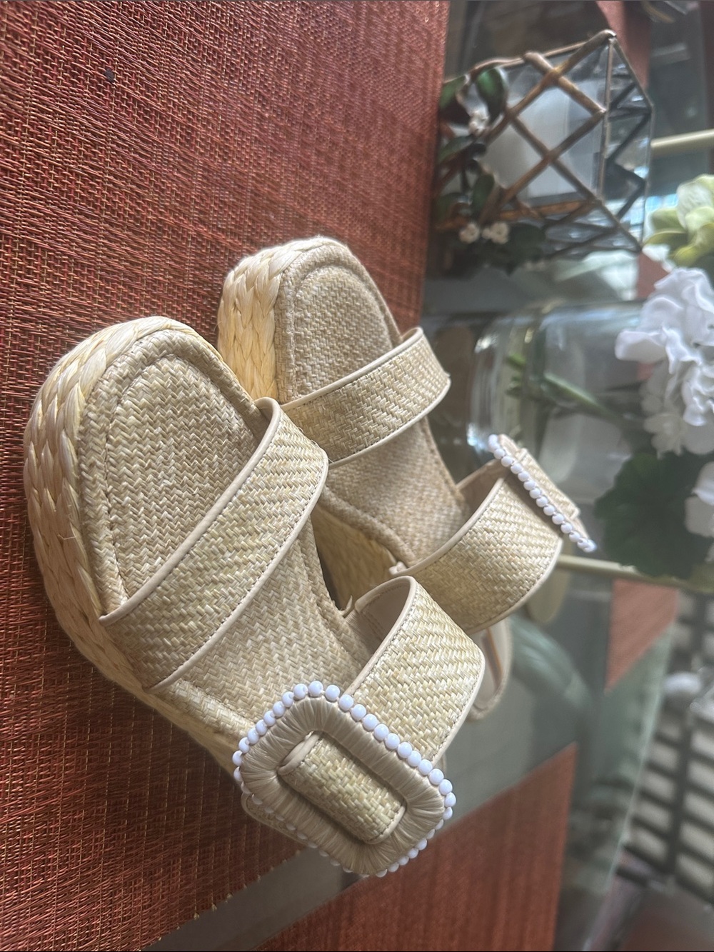Sam Edelman Women Natural Raffia Slide Sandals with Beaded Buckle